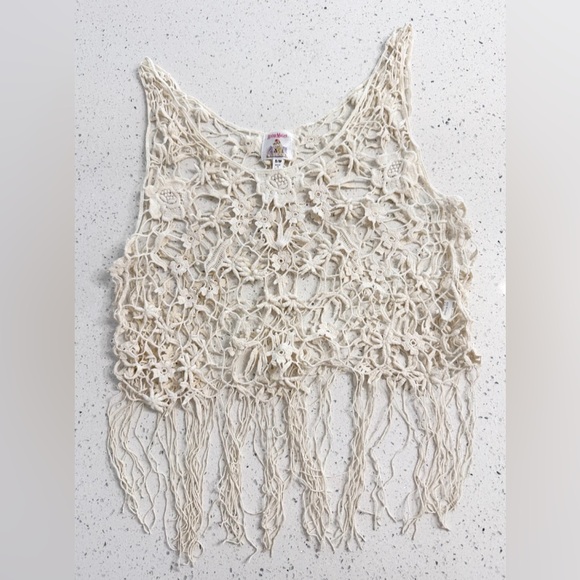 RoomMates Crochet Fringe Tank Top Boho Ivory S/M Festival Cottagecore - Picture 4 of 7